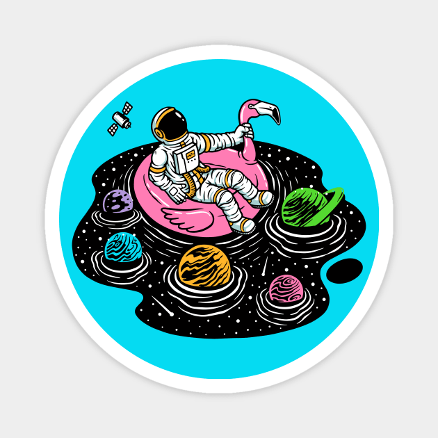 Astronaut Lounging in a Space Pool on a Pink Flamingo Floatie Magnet by SLAG_Creative